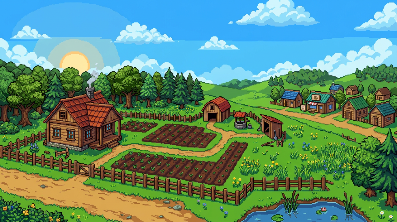 Pemandangan desa pertanian pixel art